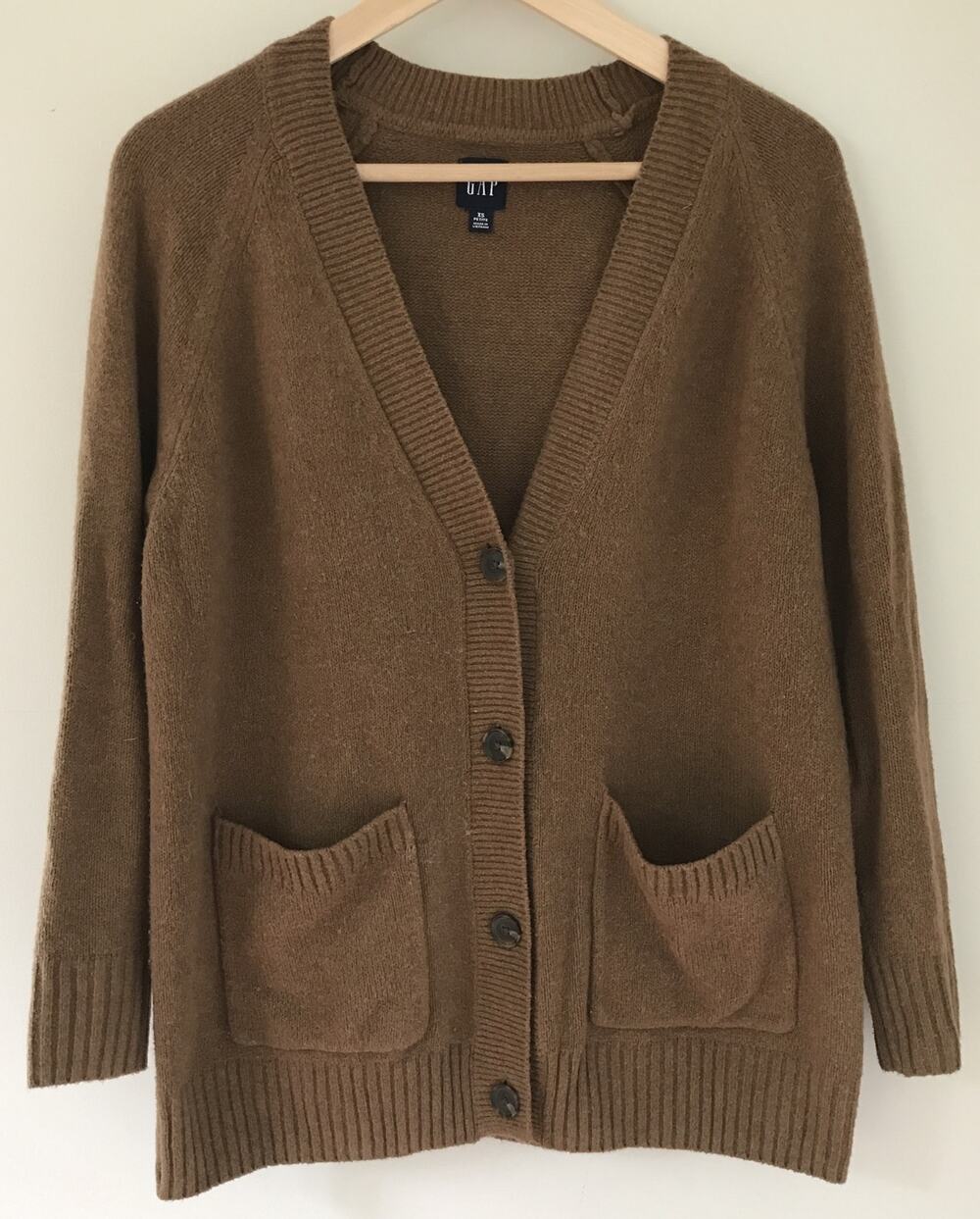 Gap Vintage 90s Style Brown Knit Cardigan Grandpa Sweater Pockets XS Petite 42"
